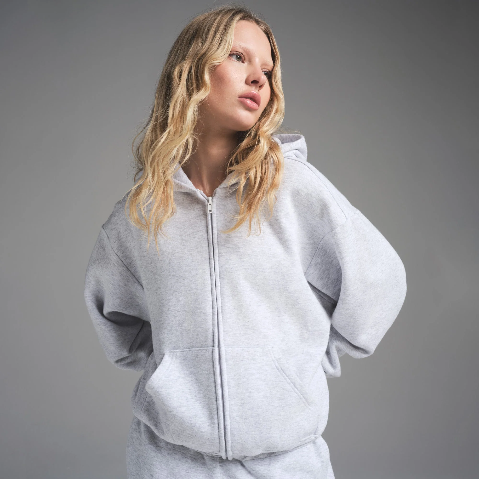 COTTON FLEECE CLASSIC ZIP UP HOODIE | LIGHT HEATHER GREY - Image 3