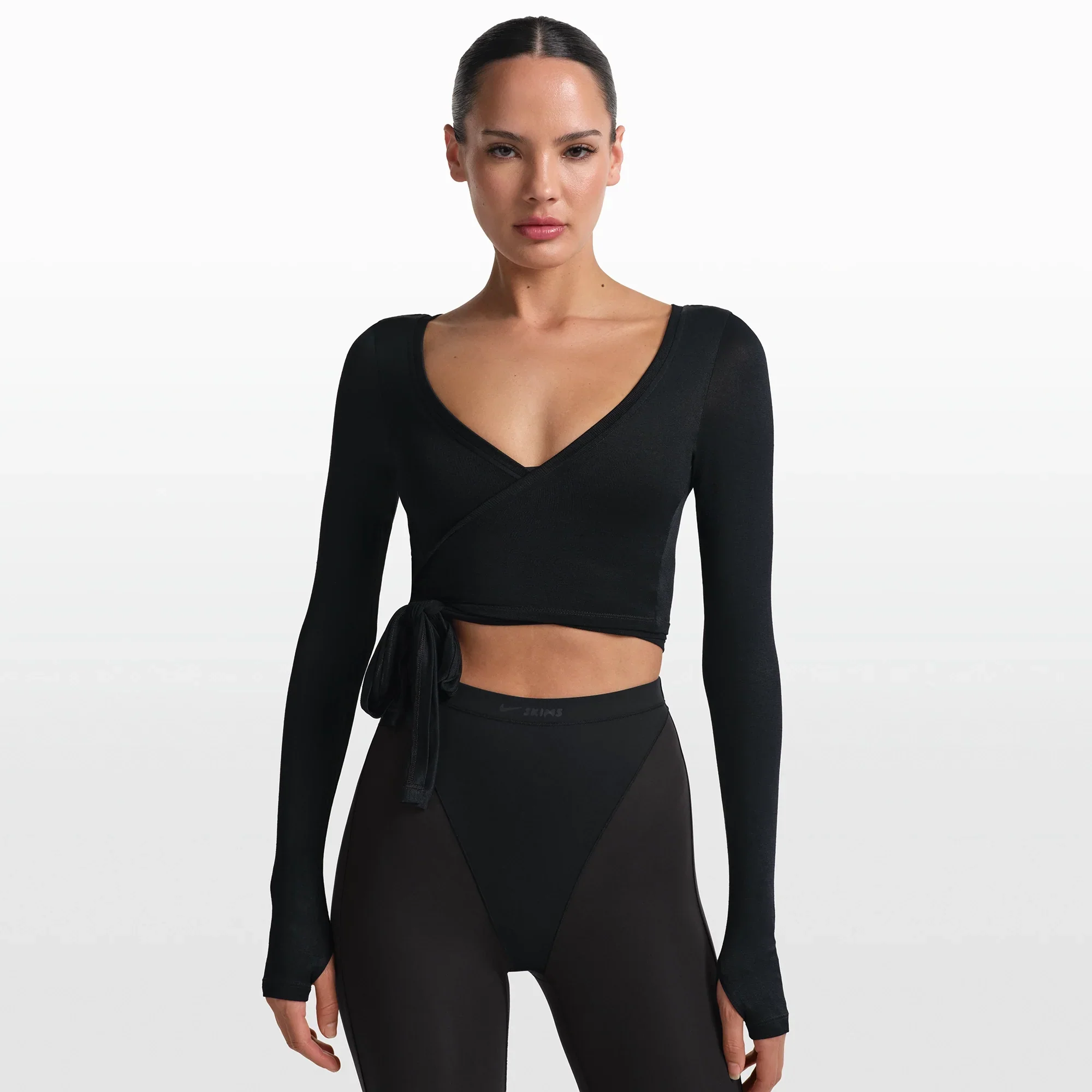NikeSKIMS STRETCH KNIT WRAP LONG SLEEVE CROPPED TOP | OBSIDIAN - Image 2