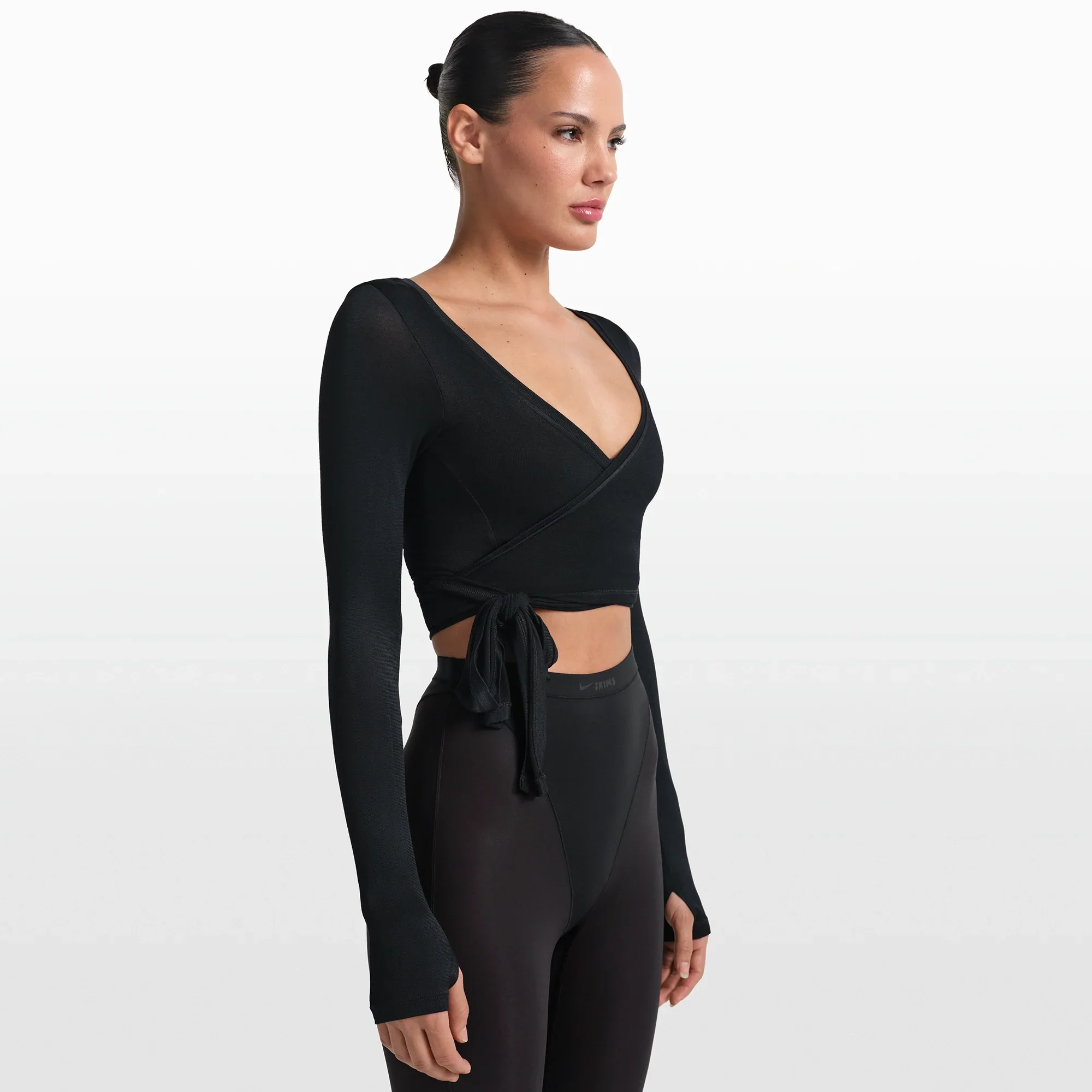 NikeSKIMS STRETCH KNIT WRAP LONG SLEEVE CROPPED TOP | OBSIDIAN - Image 4