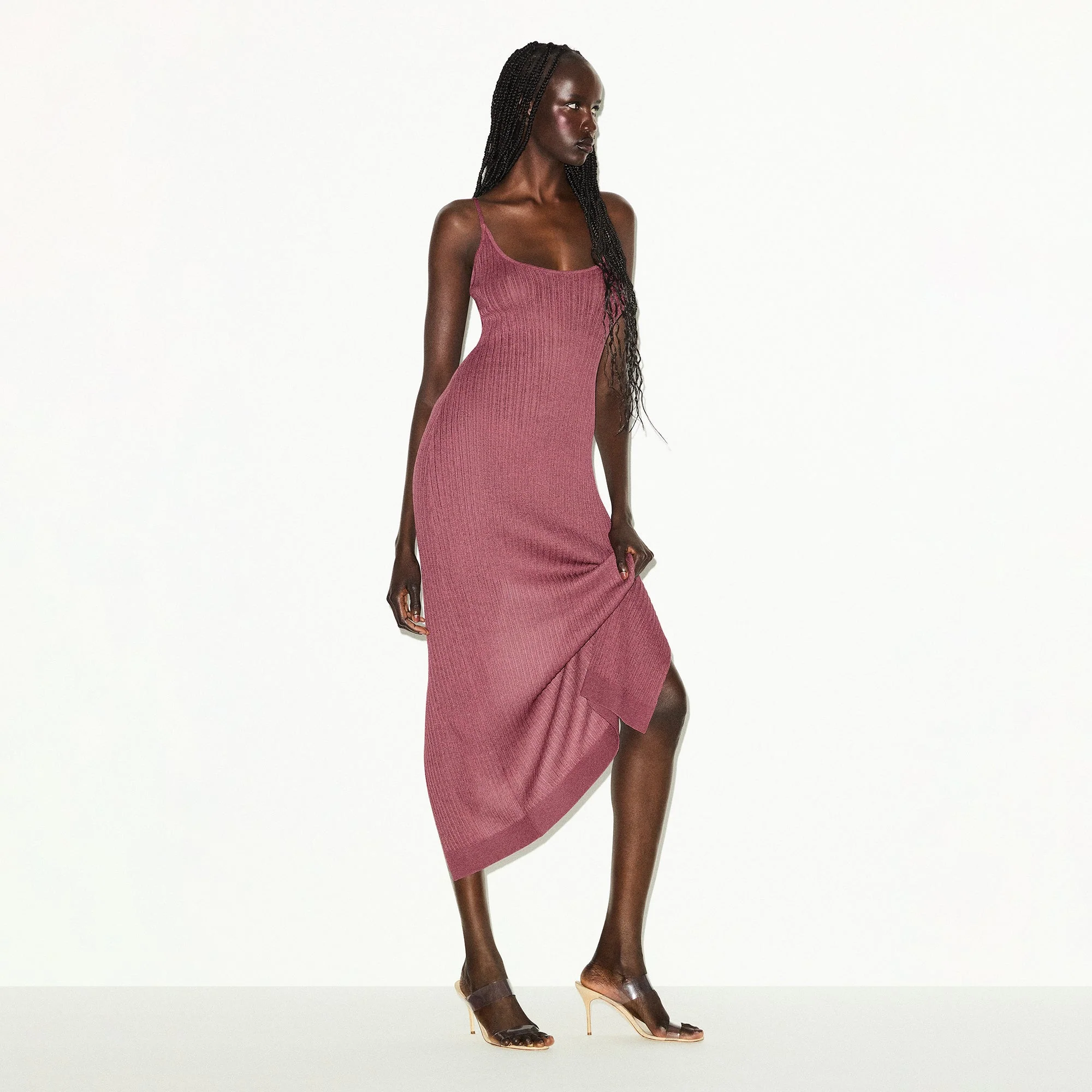SHEER KNIT LONG CAMI DRESS | BEET - Image 3