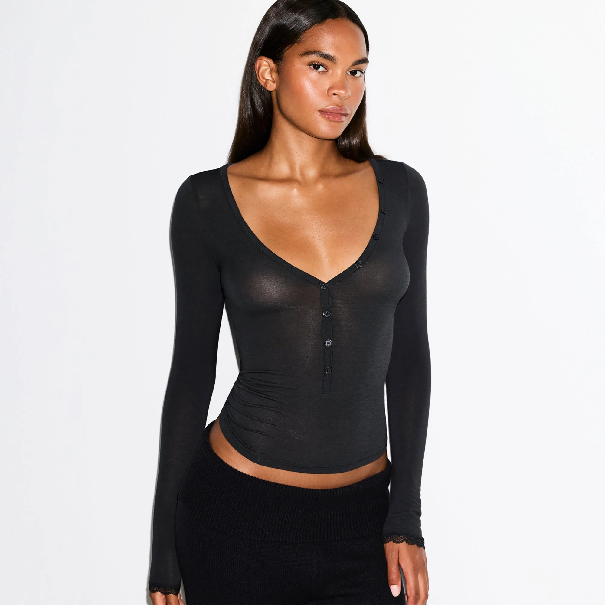 SHEER MODAL LONG SLEEVE HENLEY | ONYX - Image 2