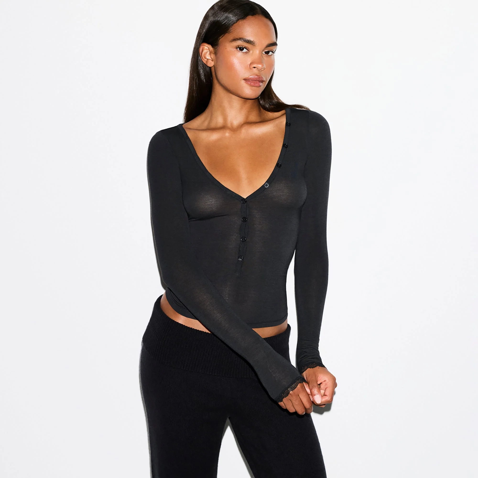 SHEER MODAL LONG SLEEVE HENLEY | ONYX - Image 3