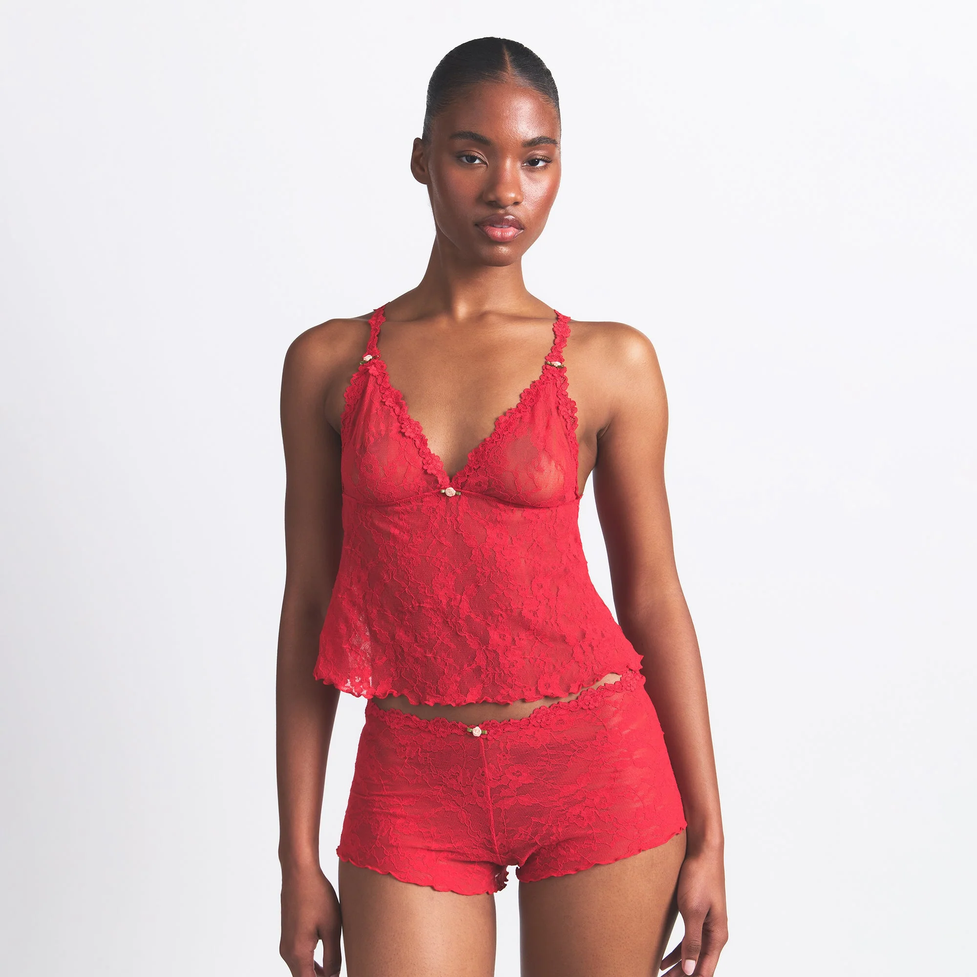 STRETCH LACE TRIANGLE CAMI AND SHORT SET | RED - Image 2