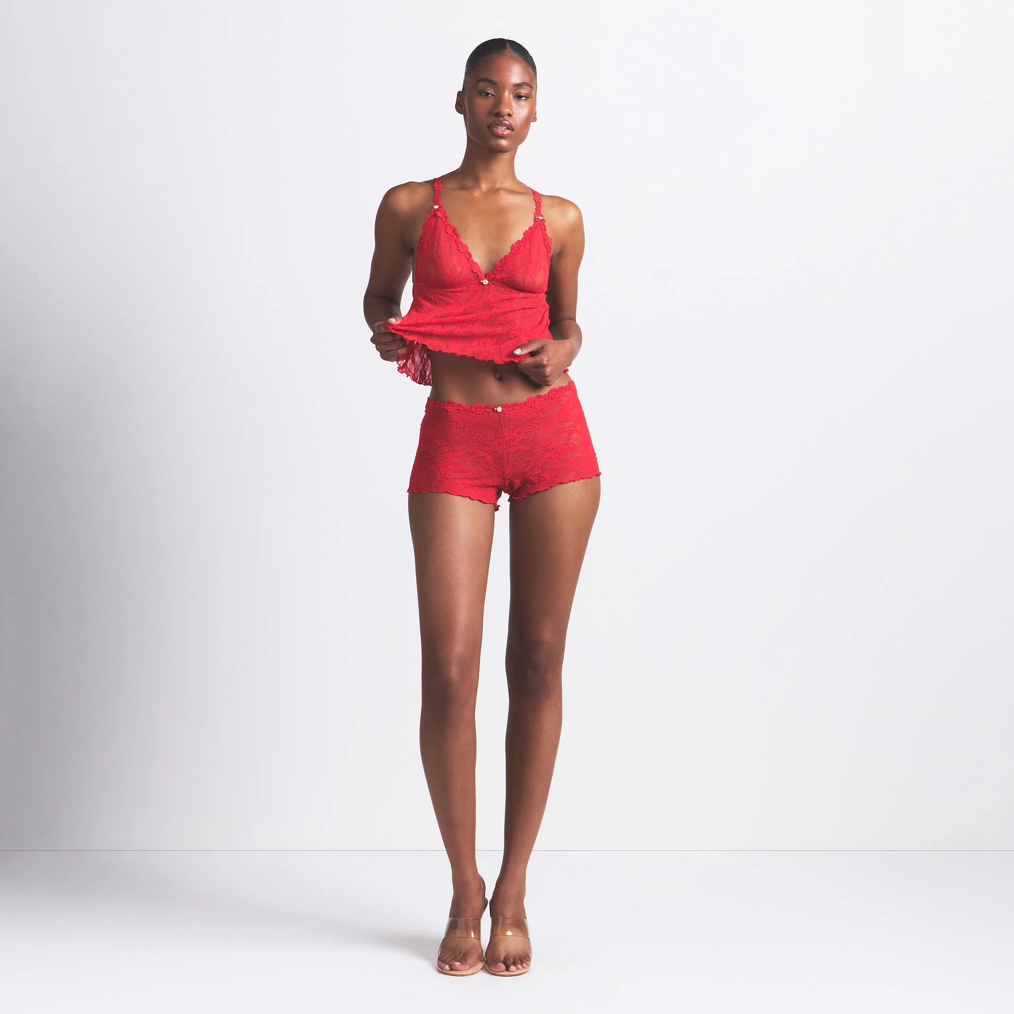 STRETCH LACE TRIANGLE CAMI AND SHORT SET | RED - Image 9